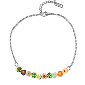 Chaines de cheville en acier Inox millefiori Argent&eacute;-multicolore