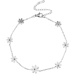 Chaines de cheville en acier Inox fleurs Argent&eacute;