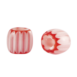 Perles Millefiori tube Blanc-rouge