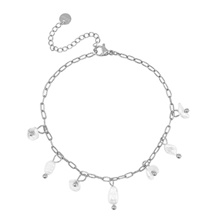 Bracelets en acier Inox perles Argent&eacute;-blanc nacr&eacute;
