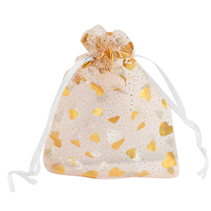 Sachet &agrave; bijoux en organza 9x12cm coeur Blanc-dor&eacute;