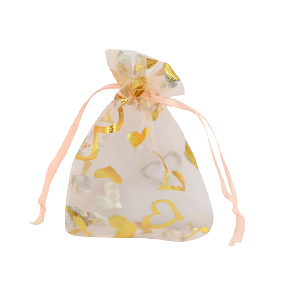 Sachet &agrave; bijoux en organza 7x9cm coeur P&ecirc;che-dor&eacute;
