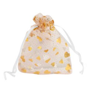 Sachet &agrave; bijoux en organza 7x9cm coeur Blanc-dor&eacute;