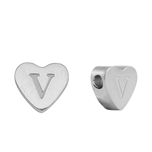 Perles en acier Inox coeur lettre V Argent&eacute;