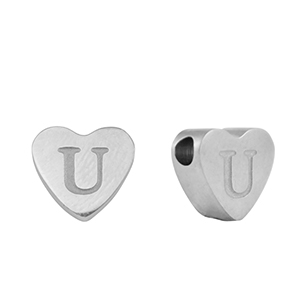 Perles en acier Inox coeur lettre U Argent&eacute;