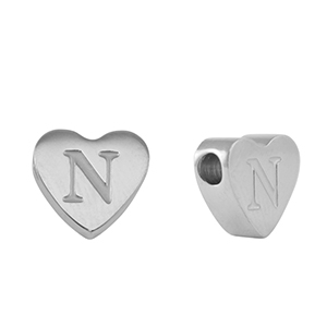 Perles en acier Inox coeur lettre N Argent&eacute;