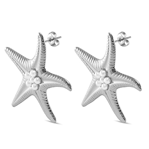 Boucles d'oreilles / puces en acier Inox &eacute;toile de mer imitations perles Argent&eacute;