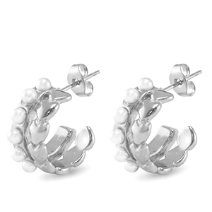 Boucles d'oreilles / puces en acier Inox coeur imitations perles Argent&eacute;