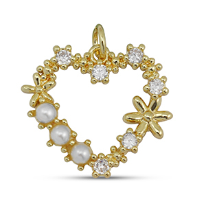 M&eacute;tal TQ laiton breloques zirconium coeur avec perle Dor&eacute;-blanc