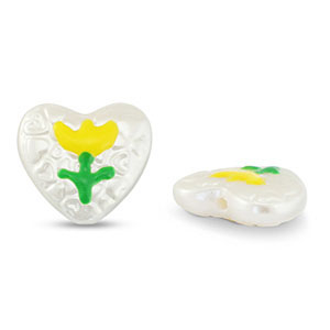 Perles acryliques coeur avec fleur Perle-jaune-vert