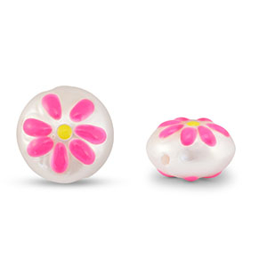 Perles acryliques rond avec fleur Perle-rose-jaune