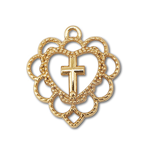 Breloques en m&eacute;tal coeur avec croix Dor&eacute;