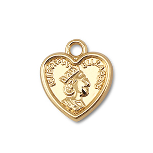 Breloques en m&eacute;tal coeur avec la Reine Elizabeth Dor&eacute;