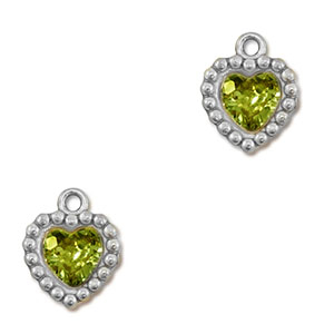Breloques en acier Inox zirconium coeur Argent&eacute;-vert lime