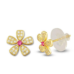M&eacute;tal TQ laiton boucles d'oreilles / puces d&rsquo;oreilles zirconium fleur Dor&eacute;