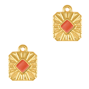 Breloques en m&eacute;tal DQ carr&eacute; Dor&eacute;-rouge corail (sans nickel)