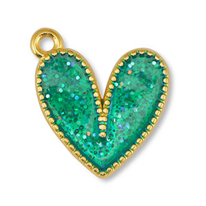 Breloques en m&eacute;tal DQ coeur Paillet&eacute; Turquoise-Dor&eacute; (sans nickel)