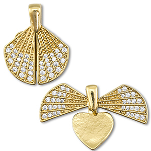 Breloques en laiton Eco-brass&reg; m&eacute;daillon zirconium coquillage / coeur Dor&eacute;