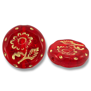 Perles acryliques rond avec fleur Rouge-dor&eacute;