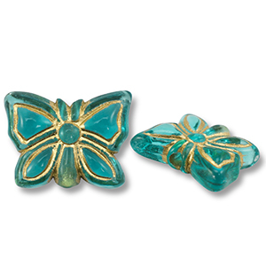 Perles acryliques papillon Bleu sarcelle-dor&eacute;