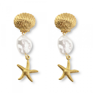 Boucles d'oreilles en acier Inox &eacute;toile de mer Dor&eacute;-blanc