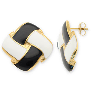 Boucles d'oreilles / puces en acier Inox carr&eacute; Dor&eacute;-noir-blanc