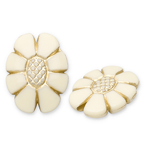 Perles acryliques ovale avec fleur Blanc cass&eacute;-dor&eacute;