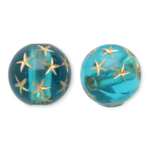 Perles acryliques 10 mm rond avec &eacute;toiles Bleu sarcelle-dor&eacute;