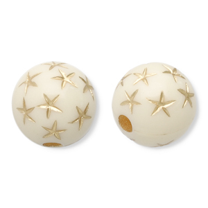 Perles acryliques 10 mm rond avec &eacute;toiles Blanc cass&eacute;-dor&eacute;