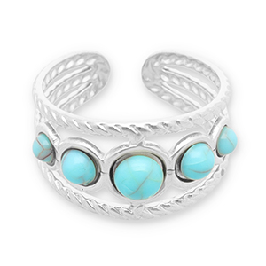 Bagues en acier Inox avec imitation de pierre naturelle Argent&eacute;-turquoise