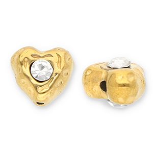 Perles en acier Inox coeur avec strass Dor&eacute;-transparent