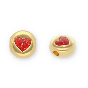 Perles en m&eacute;tal DQ rond avec coeur Dor&eacute;-paillet&eacute; rouge (sans nickel)