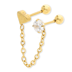 Piercing d&rsquo;oreilles en acier Inox coeur avec cha&icirc;ne & strass Dor&eacute;-cristal