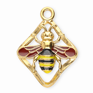 Breloques en acier Inox losange avec abeille Dor&eacute;-rouge rouille-jaune-noir