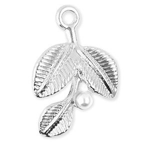 Breloques en m&eacute;tal feuilles avec perle Argent&eacute;-blanc