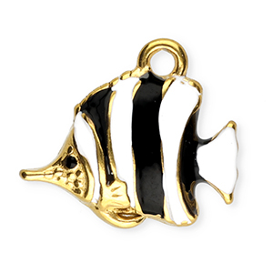 Breloques en acier Inox &eacute;maill&eacute;e poisson Dor&eacute;-noir-blanc