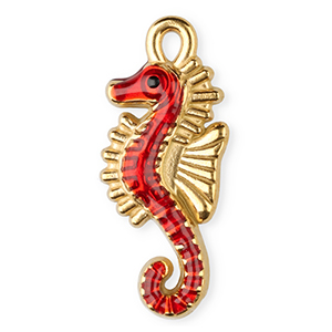 Breloques en acier Inox &eacute;maill&eacute;e hippocampe Dor&eacute;-rouge-noir